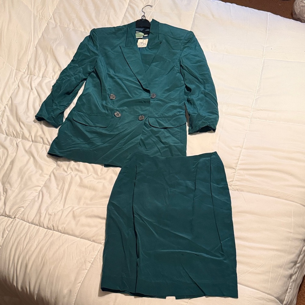 Teal Double-Breasted Blazer and Skirt Set